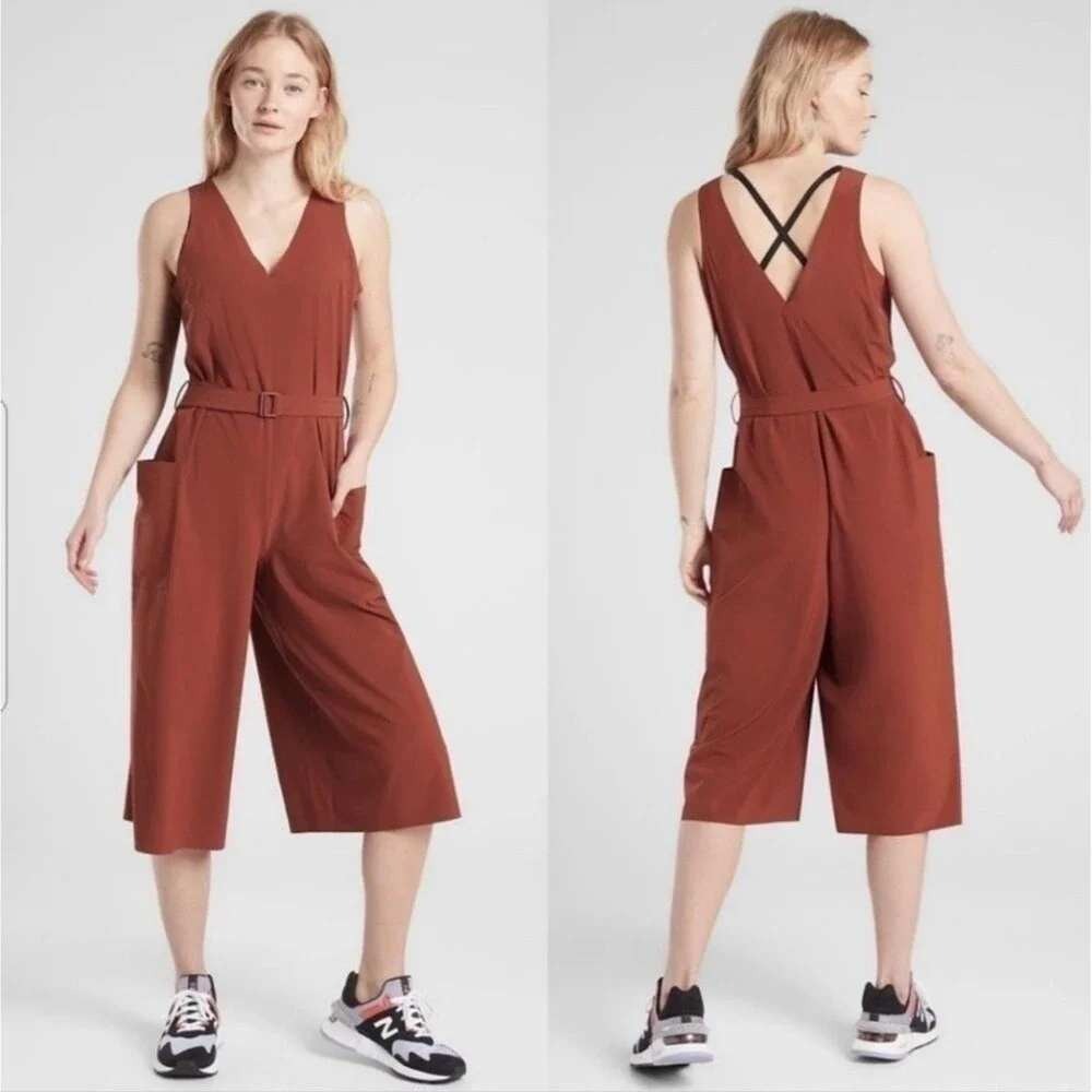 Athleta Jumpsuit Terracotta Red Wide‎ Leg V-Neck Belted Size S